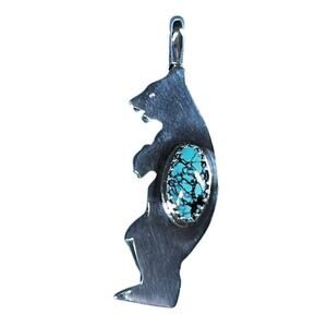 VTG Native American Bear Pendant Sterling w/ Oval Turquoise  Hallmark "N_"